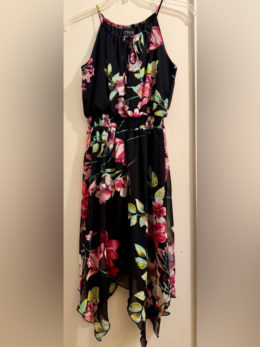 Enfocus Studio Black Floral Maxi Dress with Pink and Green Accents